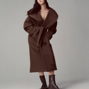 Women's ZARA Chocolate Brown Oversized Hooded Belted Wool Blend Coat M-L Large